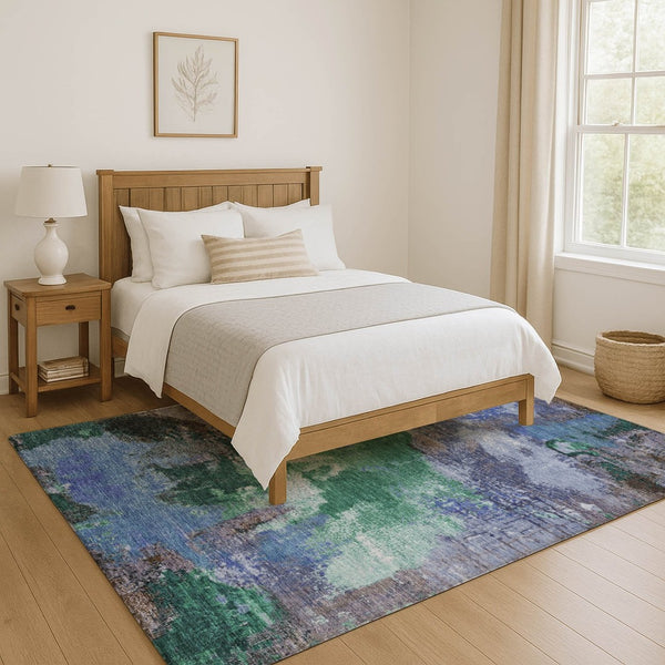HomeRoots 10' X 14' Abstract Area Rug in Green, Purple & Brown - Washable, UV Protected, Durable & Stylish 699694