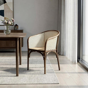 HomeRoots Walnut Dining Arm Chair with Rattan Open Back – Stylish, Comfortable Seating for Modern Spaces 699695