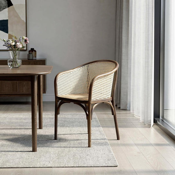 HomeRoots Walnut Dining Arm Chair with Rattan Open Back – Stylish, Comfortable Seating for Modern Spaces 699695
