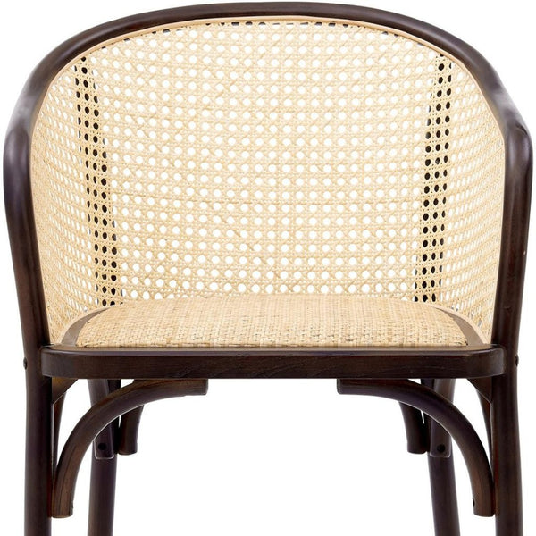 HomeRoots Walnut Dining Arm Chair with Rattan Open Back – Stylish, Comfortable Seating for Modern Spaces 699695