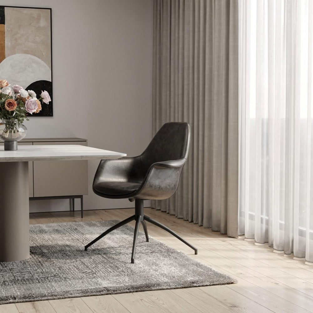 HomeRoots Black Stylish Swivel Dining Arm Chair - Modern Faux Leather & Steel Frame for Comfort & Versatility 699696