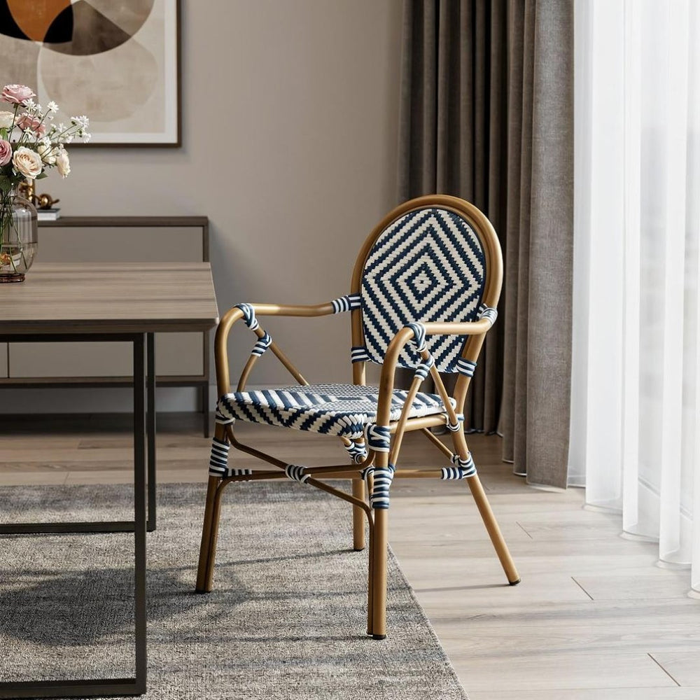 HomeRoots Set of Two Stylish Brown Aluminum and Rattan Dining Arm Chairs – Versatile, Stackable, Modern Design 699698