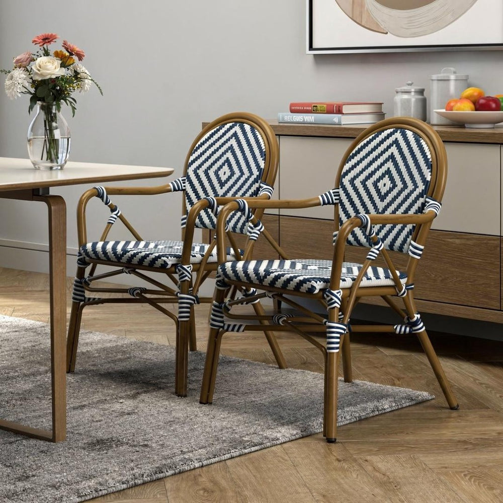 HomeRoots Set of Two Stylish Brown Aluminum and Rattan Dining Arm Chairs – Versatile, Stackable, Modern Design 699698