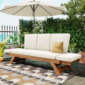 English Elm TOPMAX Outdoor Adjustable Patio Daybed Sofa with Acacia Hardwood Frame, Water-Resistant Cushions Natural+Beige SP100141AAN