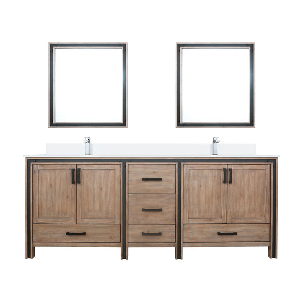 English Elm Rustic Barnwood Double Bath Vanity 84" W x 22" D with White Quartz Top, Chrome Faucets & 34" Mirrors B2731S01137