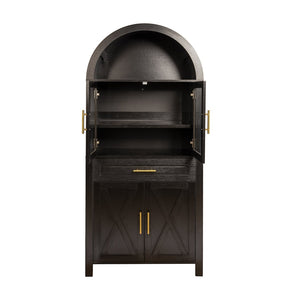 English Elm 71" Arched Glass Barn Door Pantry Cabinet Farmhouse Mdf Storage for Kitchen Dining Black W2917S00016
