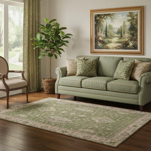 HomeRoots 5' X 8' Artichoke Green & Beige Oriental Area Rug - Stylish, Washable, UV Resistant & Non-Slip Design 699700