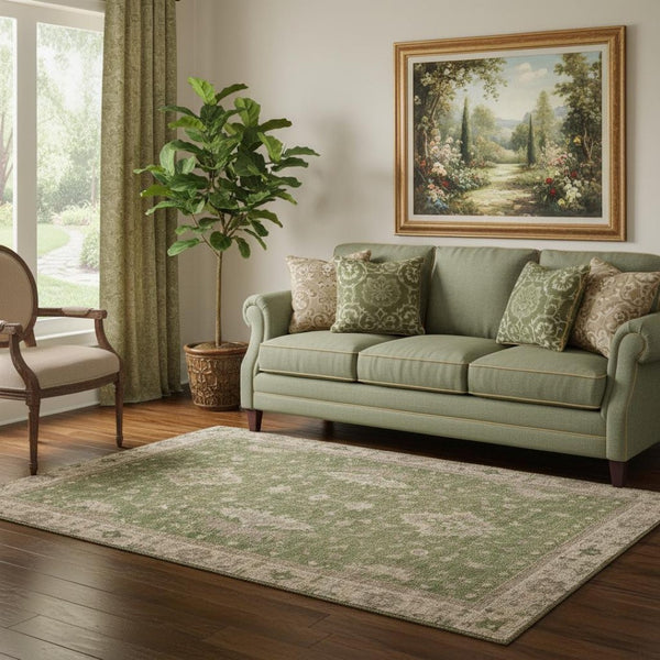 HomeRoots 5' X 8' Artichoke Green & Beige Oriental Area Rug - Stylish, Washable, UV Resistant & Non-Slip Design 699700