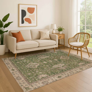 HomeRoots 5' X 8' Artichoke Green & Beige Oriental Area Rug - Stylish, Washable, UV Resistant & Non-Slip Design 699700