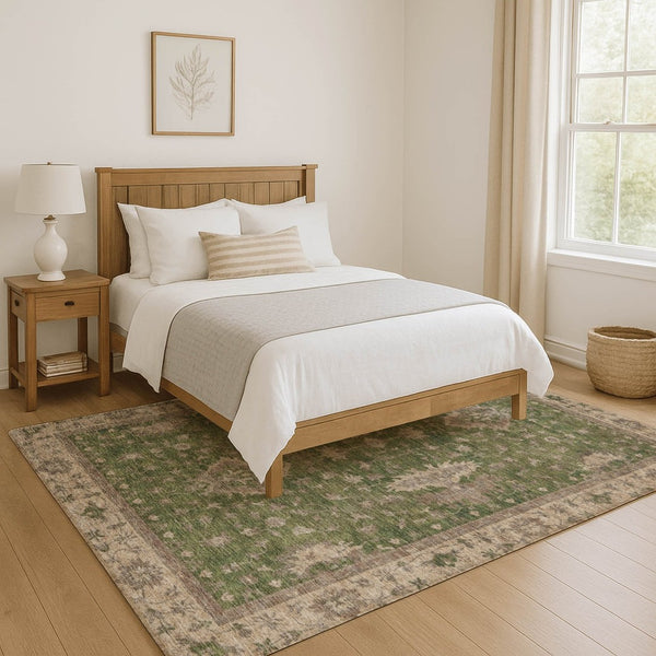 HomeRoots 5' X 8' Artichoke Green & Beige Oriental Area Rug - Stylish, Washable, UV Resistant & Non-Slip Design 699700