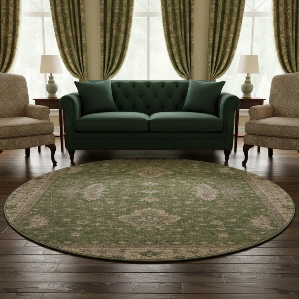 HomeRoots 8' Artichoke Green & Beige Oriental Round Rug - Washable, UV-Protected, Soft & Stain-Resistant! 699701