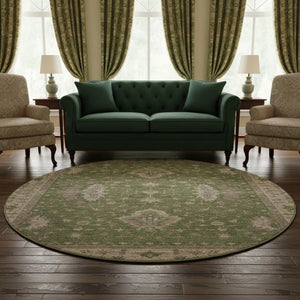HomeRoots 8' Artichoke Green & Beige Oriental Round Rug - Washable, UV-Protected, Soft & Stain-Resistant! 699701