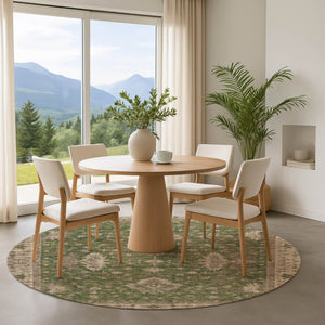 HomeRoots 8' Artichoke Green & Beige Oriental Round Rug - Washable, UV-Protected, Soft & Stain-Resistant! 699701