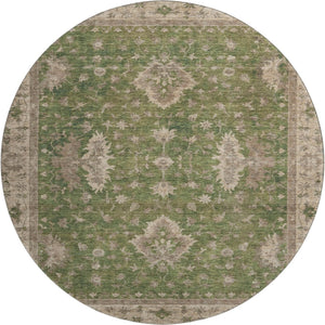 HomeRoots 8' Artichoke Green & Beige Oriental Round Rug - Washable, UV-Protected, Soft & Stain-Resistant! 699701