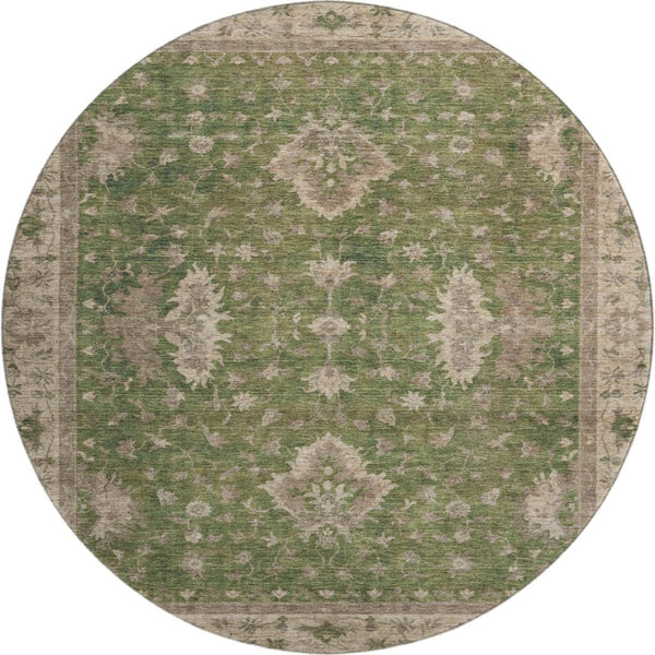 HomeRoots 8' Artichoke Green & Beige Oriental Round Rug - Washable, UV-Protected, Soft & Stain-Resistant! 699701