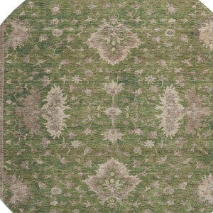 HomeRoots 8' Artichoke Green & Beige Oriental Round Rug - Washable, UV-Protected, Soft & Stain-Resistant! 699701