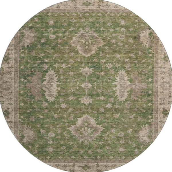 HomeRoots 8' Artichoke Green & Beige Oriental Round Rug - Washable, UV-Protected, Soft & Stain-Resistant! 699701
