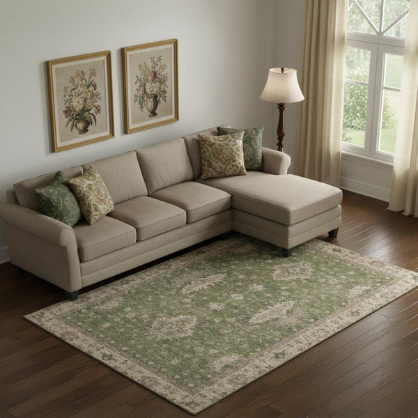 HomeRoots 10' X 14' Artichoke Green and Beige Oriental Area Rug with UV Protection for Effortless Elegance 699704