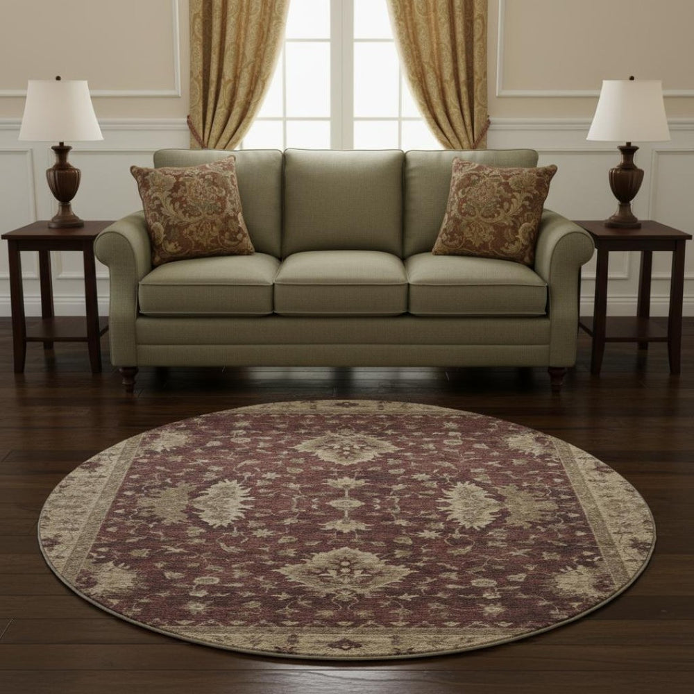HomeRoots 8' Elegant Burgundy and Beige Oriental Round Rug - Washable, UV Protected, Pet-Friendly Design 699707
