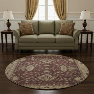 HomeRoots 8' Elegant Burgundy and Beige Oriental Round Rug - Washable, UV Protected, Pet-Friendly Design 699707