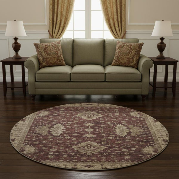 HomeRoots 8' Elegant Burgundy and Beige Oriental Round Rug - Washable, UV Protected, Pet-Friendly Design 699707