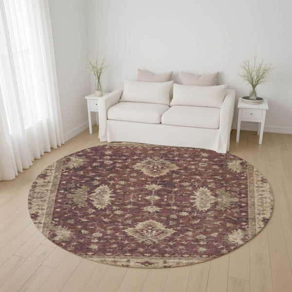 HomeRoots 8' Elegant Burgundy and Beige Oriental Round Rug - Washable, UV Protected, Pet-Friendly Design 699707