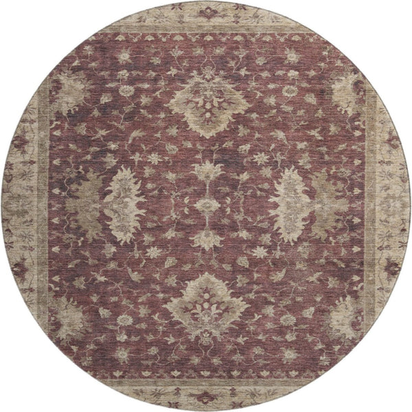 HomeRoots 8' Elegant Burgundy and Beige Oriental Round Rug - Washable, UV Protected, Pet-Friendly Design 699707