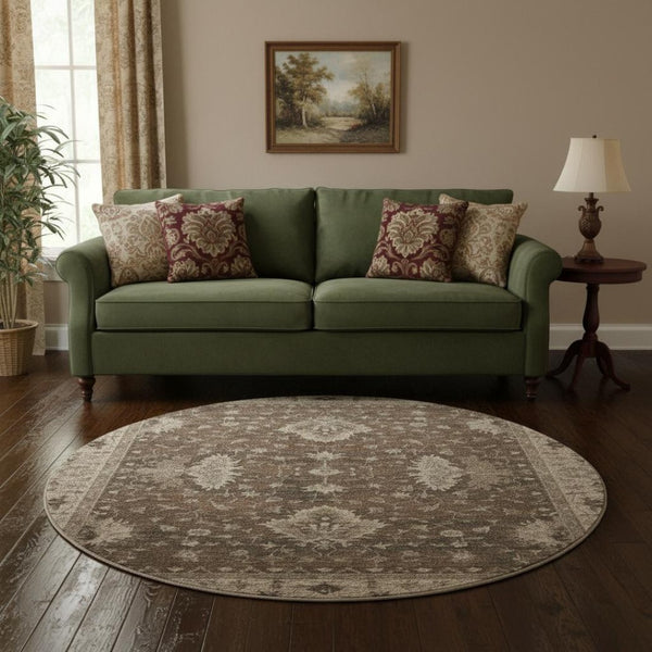 HomeRoots 8' Brown and Beige Oriental Round Rug - Washable, Stain Resistant, UV Protected for Busy Homes 699713