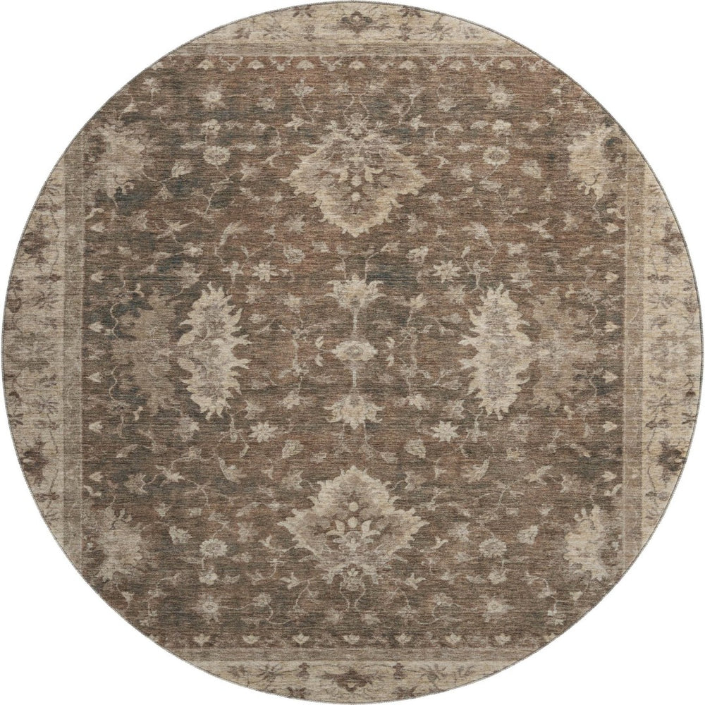 HomeRoots 8' Brown and Beige Oriental Round Rug - Washable, Stain Resistant, UV Protected for Busy Homes 699713