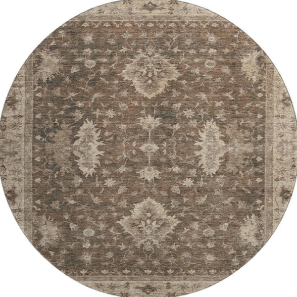 HomeRoots 8' Brown and Beige Oriental Round Rug - Washable, Stain Resistant, UV Protected for Busy Homes 699713