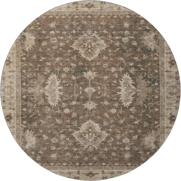 HomeRoots 8' Brown and Beige Oriental Round Rug - Washable, Stain Resistant, UV Protected for Busy Homes 699713
