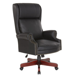 OSP Home Furnishings Executive Wingback Office Chair with Lumbar Support Brass Nail Trim and Cherry Wood Base TEX280-3