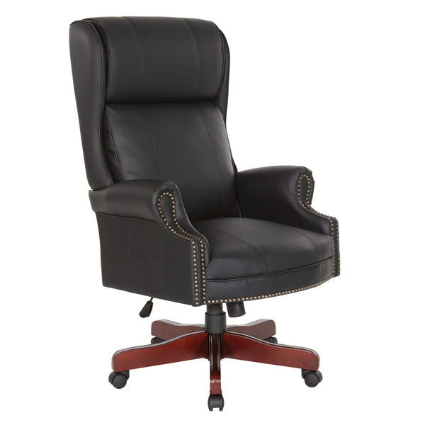 OSP Home Furnishings Executive Wingback Office Chair with Lumbar Support Brass Nail Trim and Cherry Wood Base TEX280-3