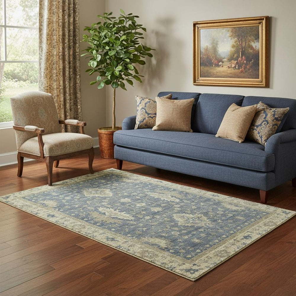 HomeRoots 5' Blue and Olive Green Oriental Area Rug - Washable, UV Protected, Durable for Busy Homes 699718