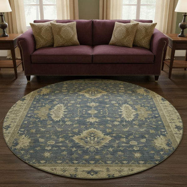 HomeRoots 8' Blue & Olive Green Washable Round Oriental Rug - Durable, UV-Protected, Pet-Friendly Style 699719