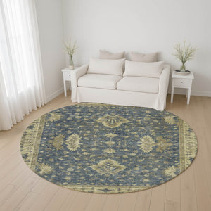 HomeRoots 8' Blue & Olive Green Washable Round Oriental Rug - Durable, UV-Protected, Pet-Friendly Style 699719