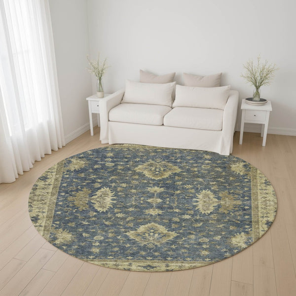 HomeRoots 8' Blue & Olive Green Washable Round Oriental Rug - Durable, UV-Protected, Pet-Friendly Style 699719