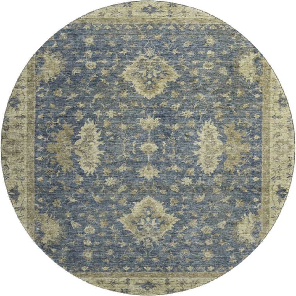 HomeRoots 8' Blue & Olive Green Washable Round Oriental Rug - Durable, UV-Protected, Pet-Friendly Style 699719
