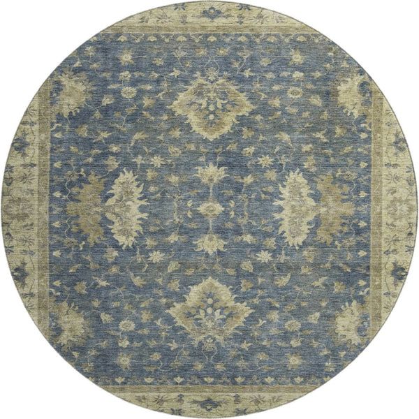 HomeRoots 8' Blue & Olive Green Washable Round Oriental Rug - Durable, UV-Protected, Pet-Friendly Style 699719