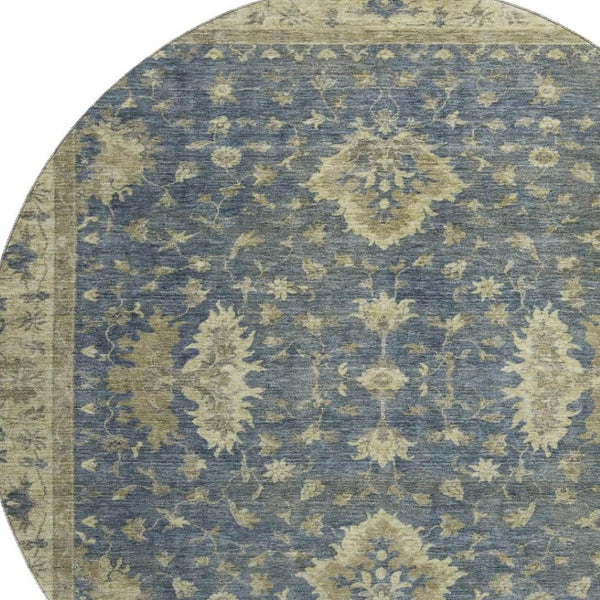 HomeRoots 8' Blue & Olive Green Washable Round Oriental Rug - Durable, UV-Protected, Pet-Friendly Style 699719
