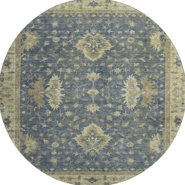 HomeRoots 8' Blue & Olive Green Washable Round Oriental Rug - Durable, UV-Protected, Pet-Friendly Style 699719