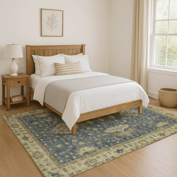 HomeRoots 9' X 12' Blue & Olive Green Oriental Area Rug - Durable, Washable, UV-Protected for Family Homes 699721
