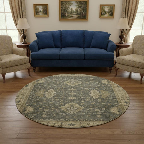 HomeRoots 8' Gray and Beige Oriental Washable Round Rug with UV Protection – Durable, Stylish & Easy-Care Design 699725