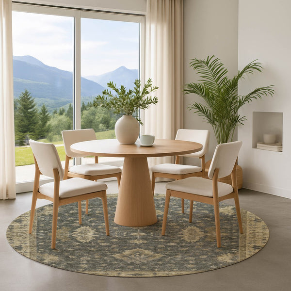HomeRoots 8' Gray and Beige Oriental Washable Round Rug with UV Protection – Durable, Stylish & Easy-Care Design 699725
