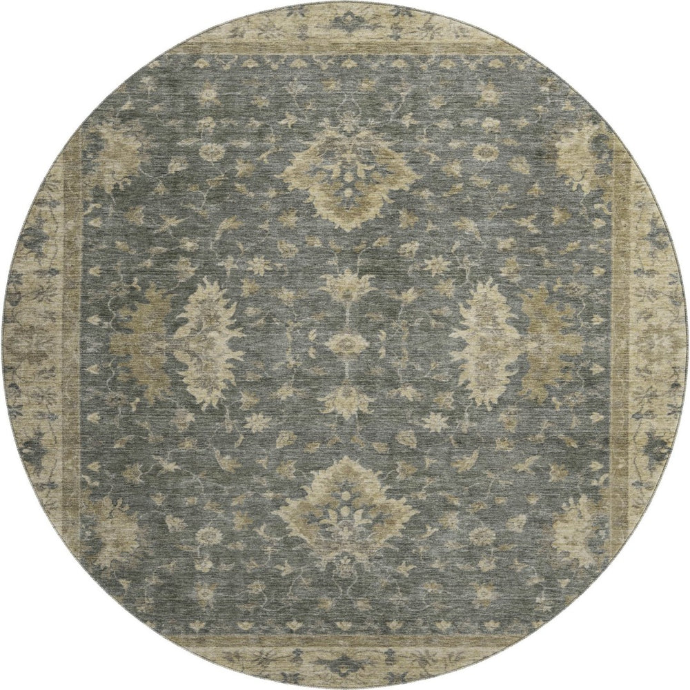 HomeRoots 8' Gray and Beige Oriental Washable Round Rug with UV Protection – Durable, Stylish & Easy-Care Design 699725