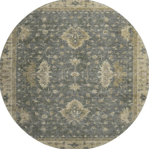 HomeRoots 8' Gray and Beige Oriental Washable Round Rug with UV Protection – Durable, Stylish & Easy-Care Design 699725
