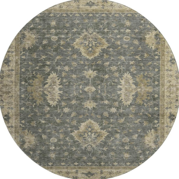 HomeRoots 8' Gray and Beige Oriental Washable Round Rug with UV Protection – Durable, Stylish & Easy-Care Design 699725