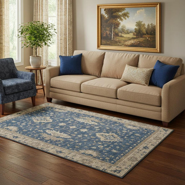 HomeRoots 5' X 8' Navy Blue & Beige Washable Oriental Area Rug - UV Protected, Stain Resistant & Non-Slip Design 699730
