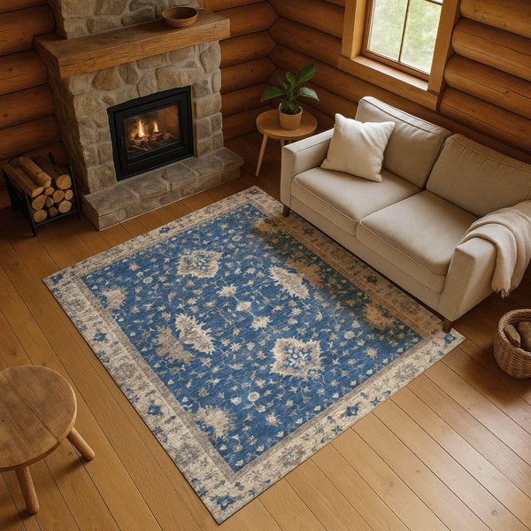 HomeRoots 5' X 8' Navy Blue & Beige Washable Oriental Area Rug - UV Protected, Stain Resistant & Non-Slip Design 699730
