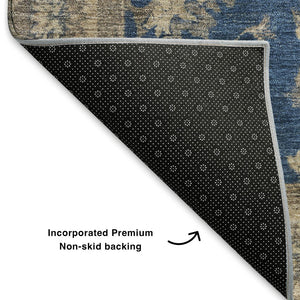 HomeRoots 5' X 8' Navy Blue & Beige Washable Oriental Area Rug - UV Protected, Stain Resistant & Non-Slip Design 699730